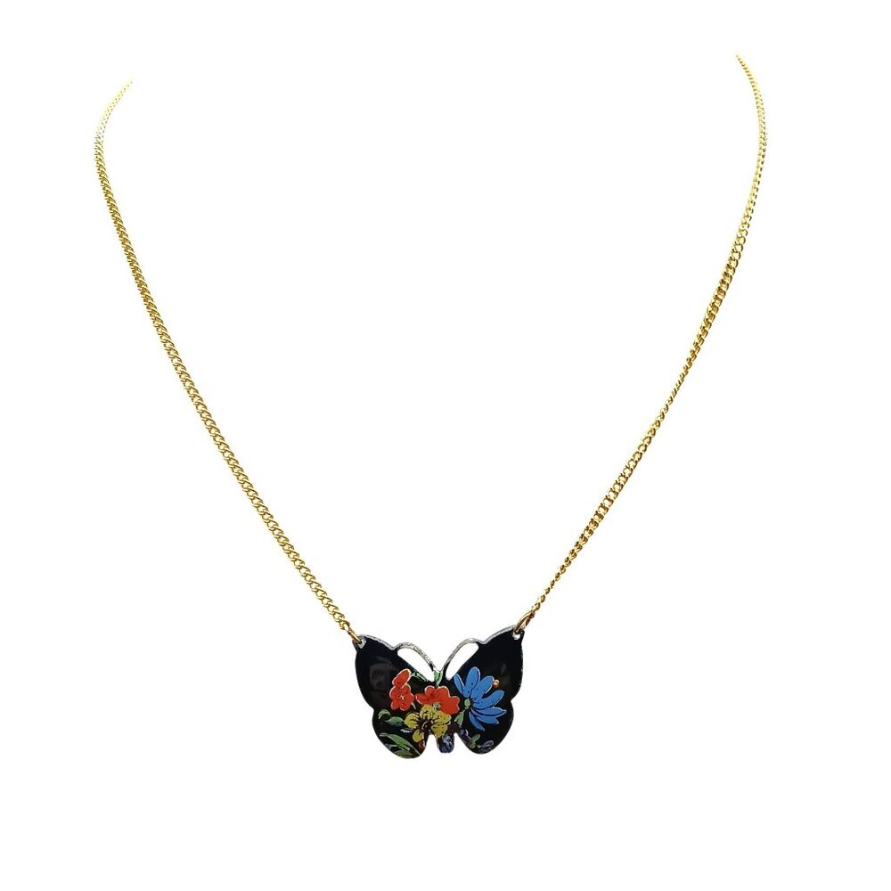 Enamel Butterfly Pendant on Vintage Choker Chain Necklace Gold Tone with Bright